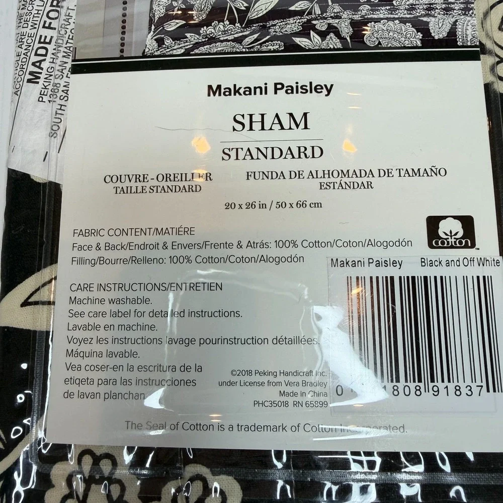 NWT Vera Bradley Standard Pillow Sham Cotton‎ Makani Paisley Flower Black Cream